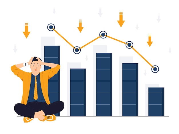 Ilustração de conceito vetorial de empresário deprimido chateado e em pânico pensando sobre falência de negócios crise financeira de falência seta para baixo estilo de desenho animado plano