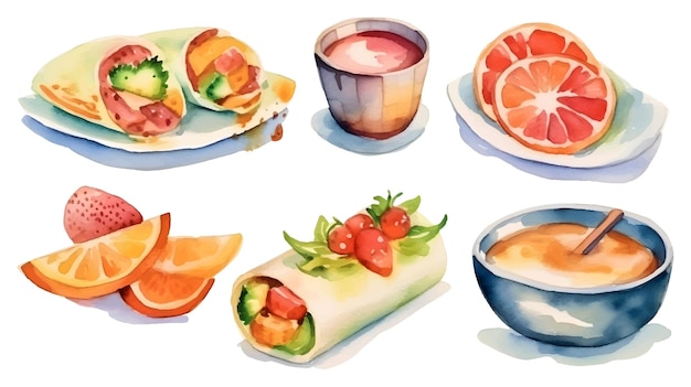 Ilustração de conjunto de comida em aquarela