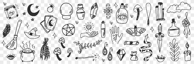 Ilustração de conjunto de doodle de atributos de bruxaria esotérica