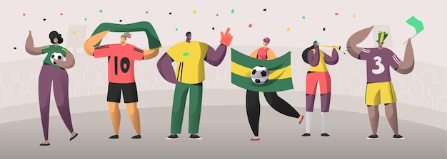 Vetor ilustração de conjunto de futebol brasil fan team. amigos felizes comemoram vitória em evento de futebol brasileiro. homem mulher personagem segurar bandeira, lenço no fundo do estádio flat cartoon vector banner