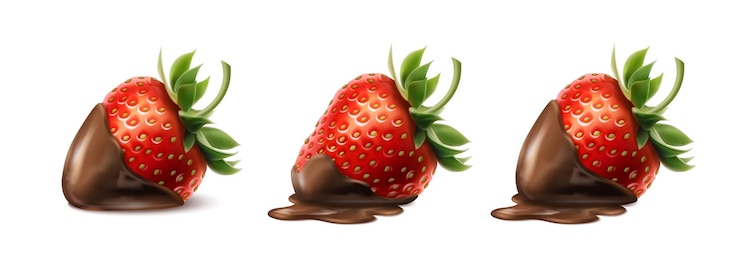 Vetor ilustração de conjunto de ícones vetoriais realistas morango vermelho inteiro coberto de chocolate chocolate fond