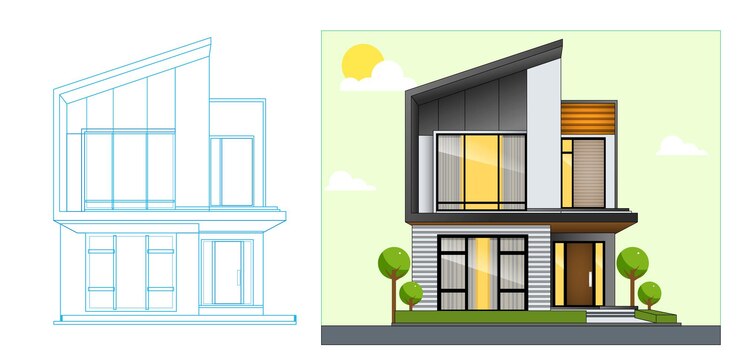 Vetor ilustração de conjunto de moderno minimalista casa design blueprint e rendering