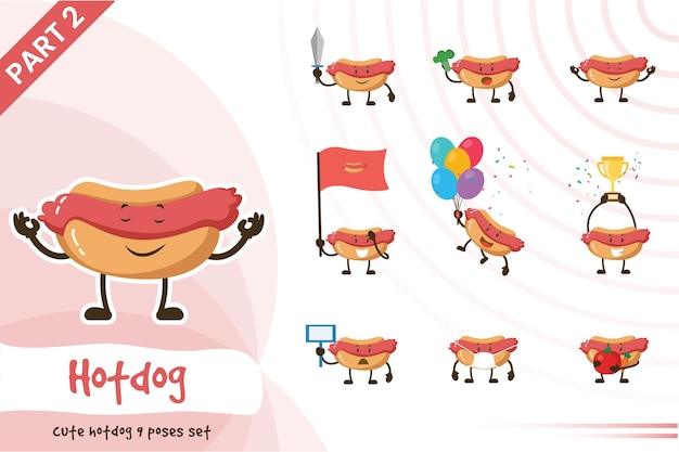 ilustração de conjunto de poses de cachorro-quente fofo.