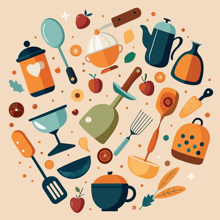 Vetor ilustração de conjuntos de objetos de cozinha desenhados à mão
