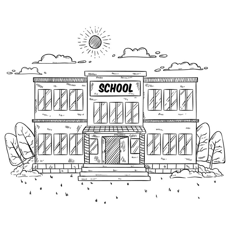 Vetor ilustração de construção de escola com mão desenhada ou estilo esboçado em branco