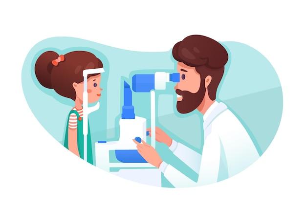 Ilustração de consulta de clínica de olhos optometrista verificando a visão de criança com óculos equipamentos médicos Personagem de desenho animado de menina no hospital de oftalmologia