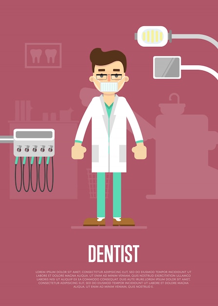 Ilustração de consultório odontológico com dentista e equipamentos