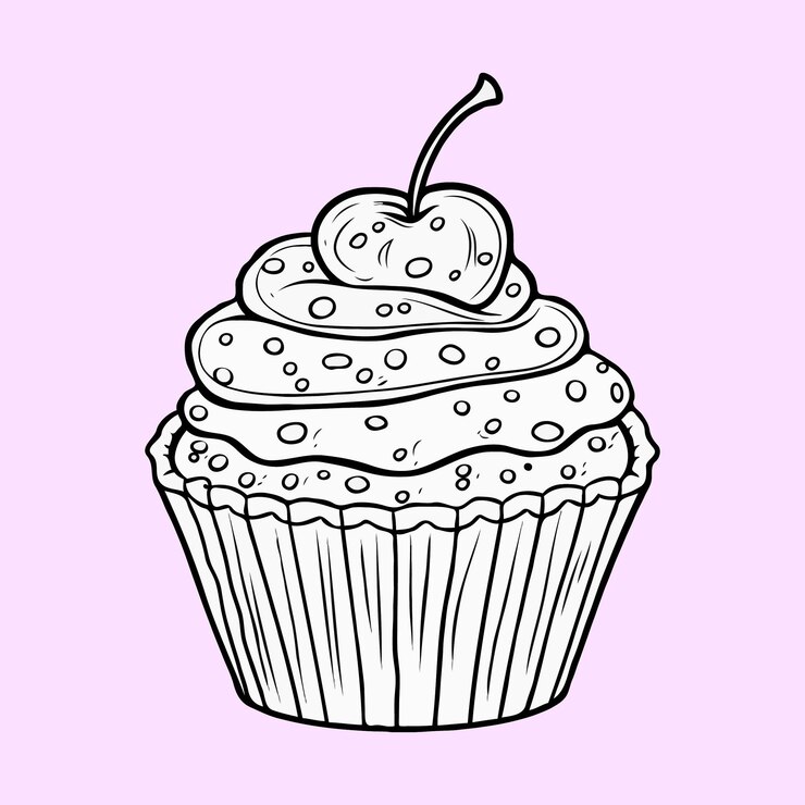 Vetor ilustração de contorno de cupcake muffin de bolo de creme com uma sobremesa de aniversário alegre