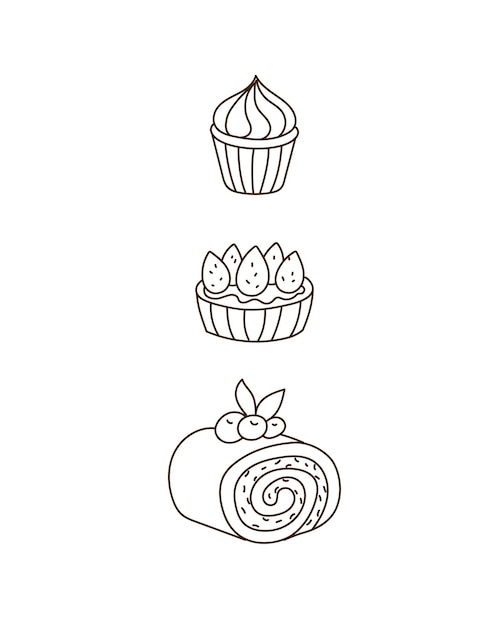 Vetor ilustração de contorno de doodle de cupcake e bolo de coleção de padaria