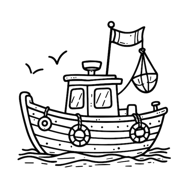 Vetor ilustração de contorno de um barco de pesca desenhado à mão vetorizado