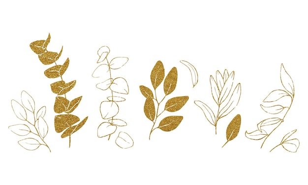 Vetor ilustração de contornos de eucalipto e folhas de oliveira em conjunto de ouro glitter de folhas douradas