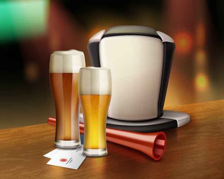 Vetor ilustração de copo de cerveja e chapéu de torcedor de futebol com trompete em bar