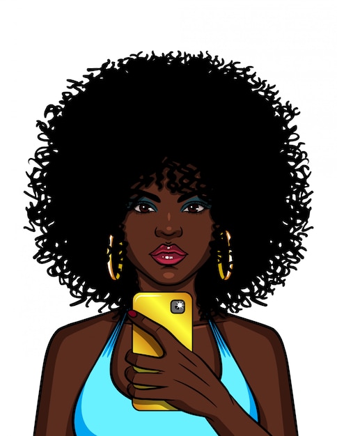 Vetor ilustração de cor de uma mulher afro-americana fazendo selfie. uma garota na moda está tirando fotos de si mesma no telefone.