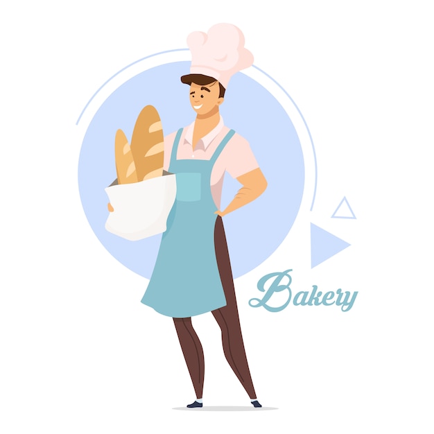 Ilustração de cor lisa de padaria. Padeiro masculino. Produtos assados. Produção de pão. Padaria. Indústria alimentícia. Homem de avental. Chefe de cozinha. Personagem de desenho animado isolado no fundo branco