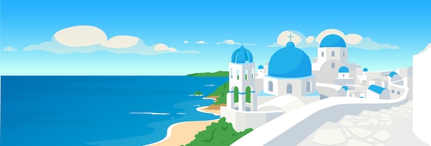 Ilustração de cor plana de cidade costeira grega. Férias de verão na Grécia