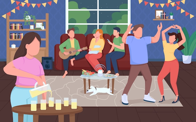 Ilustração de cor plana de festa em casa. entretenimento noturno. homem e mulher dançam juntos. comemore o evento dentro de casa. personagens de desenhos animados 2d de amigos felizes com o interior da casa no fundo