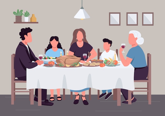 Ilustração de cor plana de jantar em família caucasiano. as pessoas comem juntas. almoço de férias. geração de parentes em personagens de desenhos animados 2d de mesa com interior doméstico no fundo