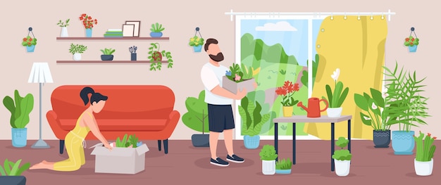 Vetor ilustração de cor plana de jardim em casa. família cultiva e cuida de plantas