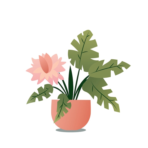 Ilustração de cor plana de plantas de interior Planta de casa realista em pote bege em suportes de metal Flores exóticas com caules e folhas Elemento de design botânico isolado