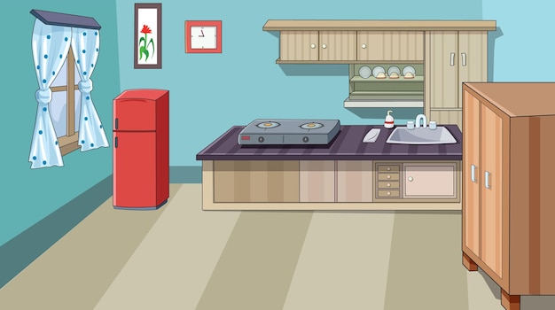 Vetor ilustração de cozinha com fogão a gás, geladeira, armário e utensílios