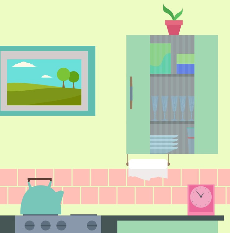 Vetor ilustração de cozinha plana com diferentes elementos ilustração vetorial