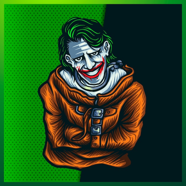 Ilustração de creepy clown head com uma cara de sorriso no fundo laranja. ilustração desenhada à mão