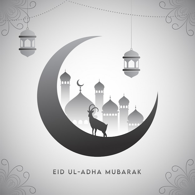 Ilustração de crescent moon com mesquita, cabra da silhueta e lanternas de suspensão na luz - grey floral background.
