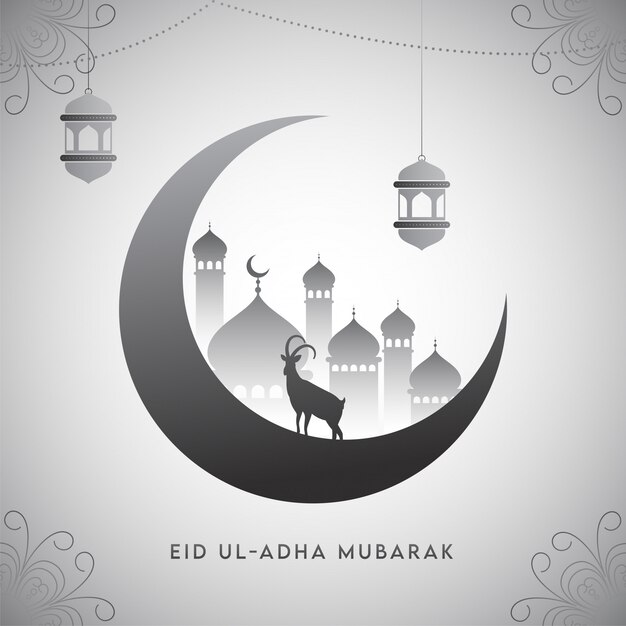 Ilustração de Crescent Moon com mesquita, cabra da silhueta e lanternas de suspensão na luz - Grey Floral Background.