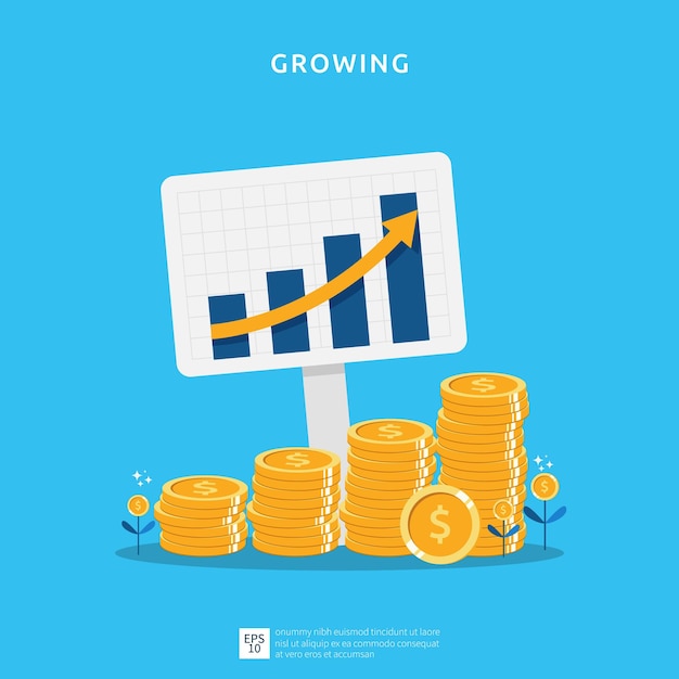 Ilustração de crescimento de negócios para o conceito de investimento inteligente desempenho de lucro ou renda com símbolo de moedas de pilha de retorno do investimento roi