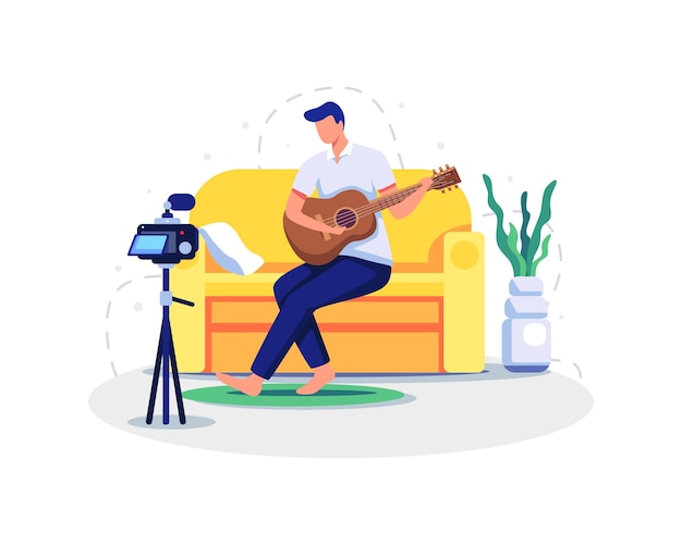 Vetor ilustração de criador de conteúdo de música ao vivo. personagem de músico guitarrista tocando guitarra online em casa. ilustração vetorial em um estilo simples