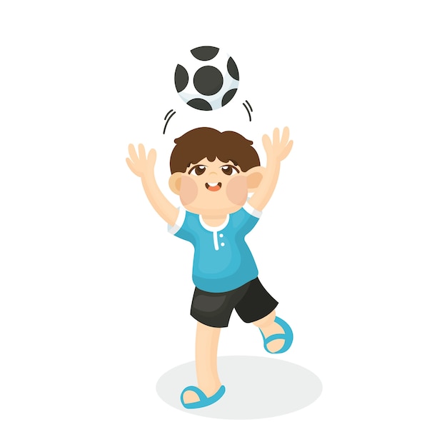 Ilustração de criança fofa jogando bola de pé com cara feliz