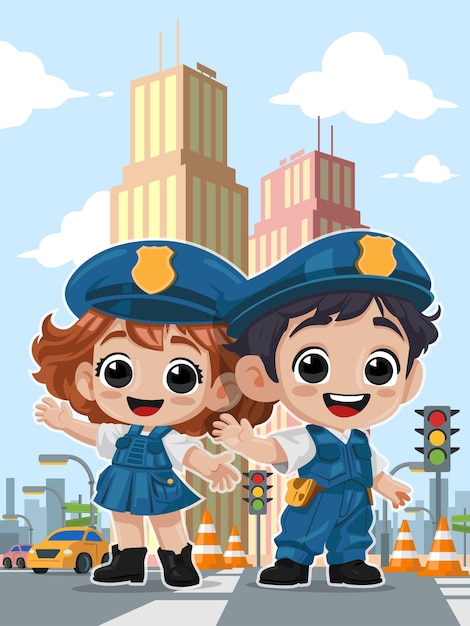 Ilustração de criança policial vetor de desenhos animados de garotas e garotos da polícia no fundo do tráfego da cidade