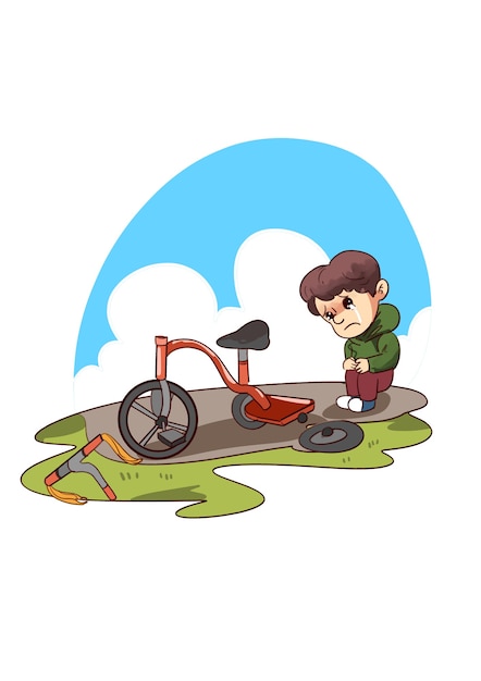 Ilustração de criança triste com triciclo quebrado