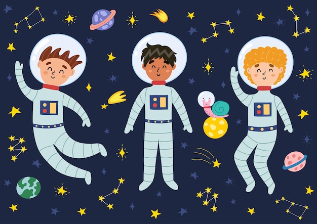 Ilustração de crianças em trajes e capacetes do espaço