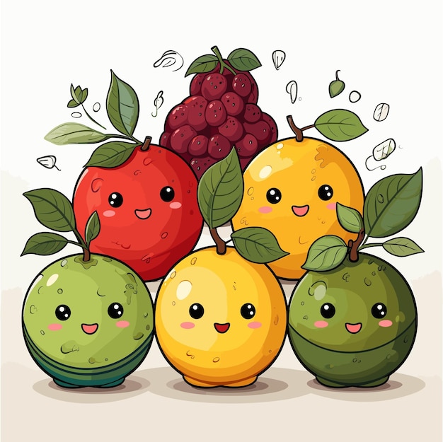 Ilustração de crianças kawaii de frutas fofas de desenho animado