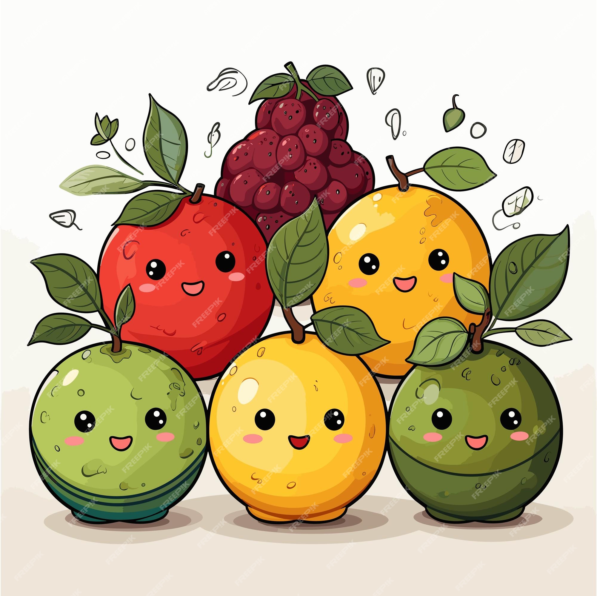 Um conjunto de adesivos com frutas kawaii fofas desenho infantil