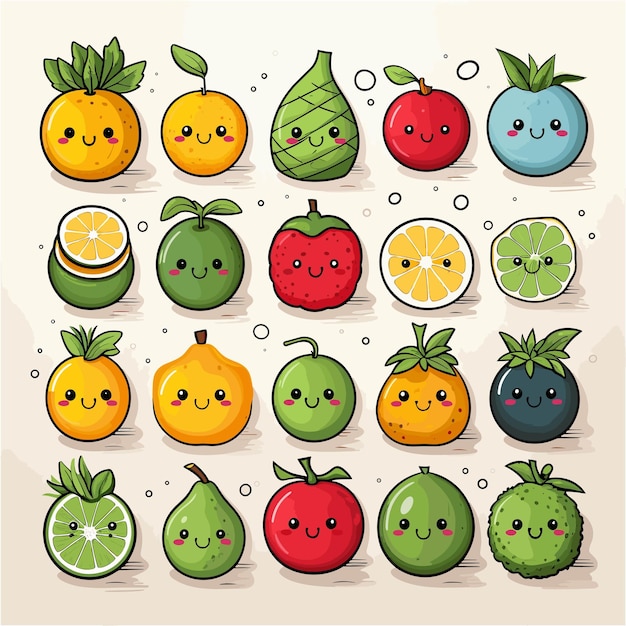 Um conjunto de ilustrações de frutas kawaii fofas desenho infantil