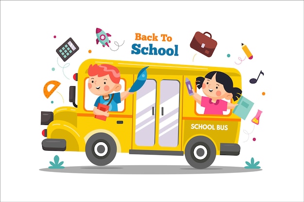 ilustração de crianças no ônibus de volta à escola
