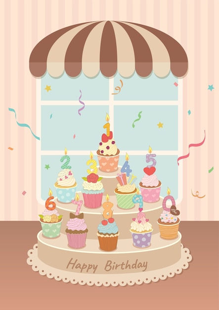 Vetor ilustração de cupcakes de aniversário com velas de número 0 a 9