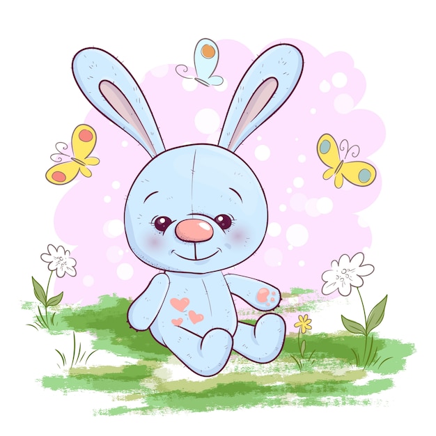 Ilustração, de, cute, pequeno, lebre, flores, e, borboletas