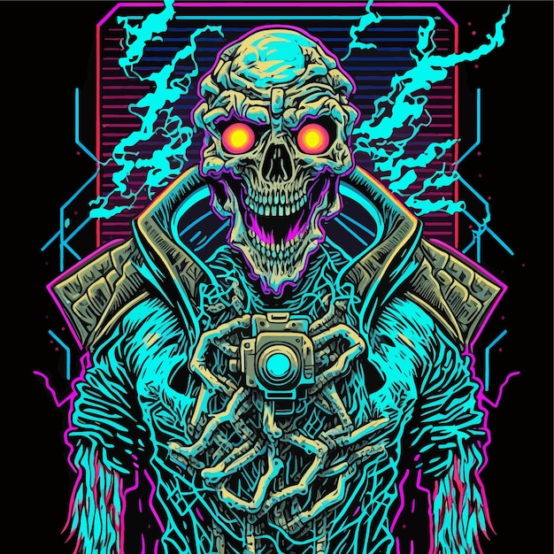 Ilustração de demônio esqueleto psicodélico. Tatuagem de roupas de heavy metal. Arte Sombria.