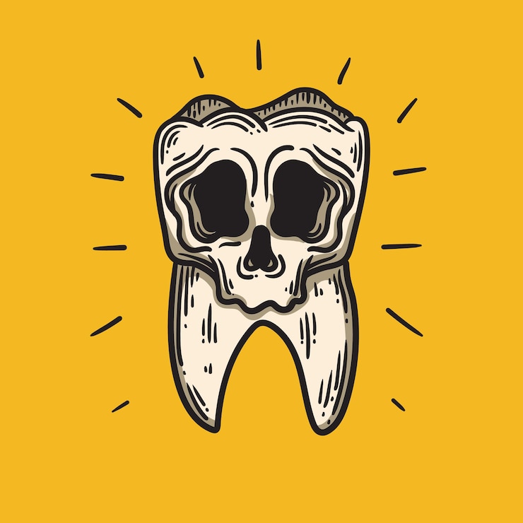 Vetor ilustração de dentes ocos com face de caveira em fundo amarelo