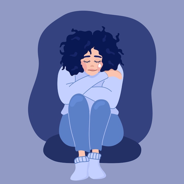 Vetor ilustração de depressão em estilo plano menina triste com uma lágrima se abraça em um fundo azul escuro