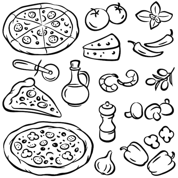Ilustração de desenho a lápis de pizza e ingredientes