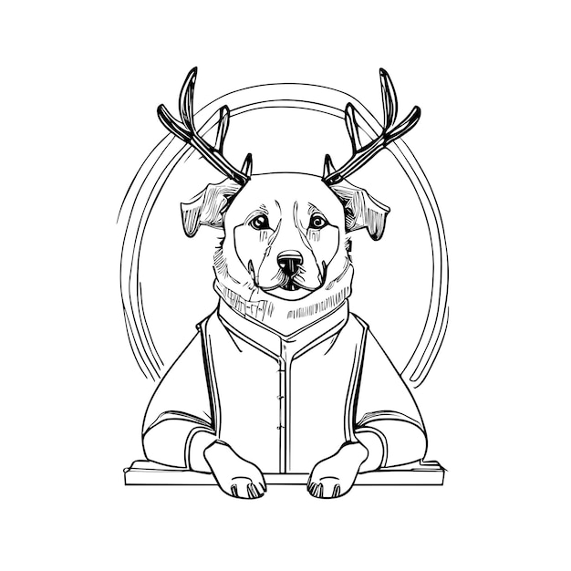 Ilustração de desenho à mão de um cão vestindo um fato de natal