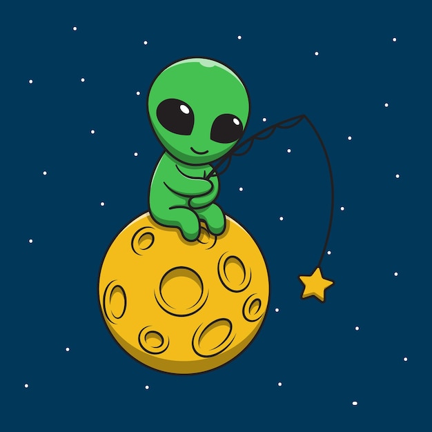 Ilustração de desenho animado bonito de pesca alienígena na lua