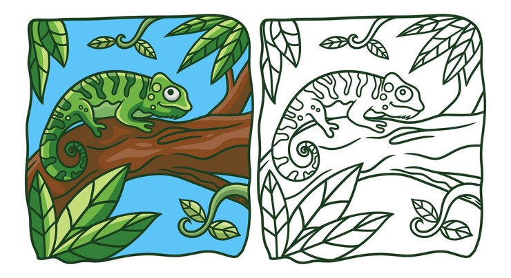 Vetor ilustração de desenho animado camaleão em um livro para colorir de tronco de árvore ou página para crianças