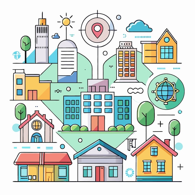 Ilustração de desenho animado colorido de uma paisagem da cidade com edifícios casas árvores nuvens e sol