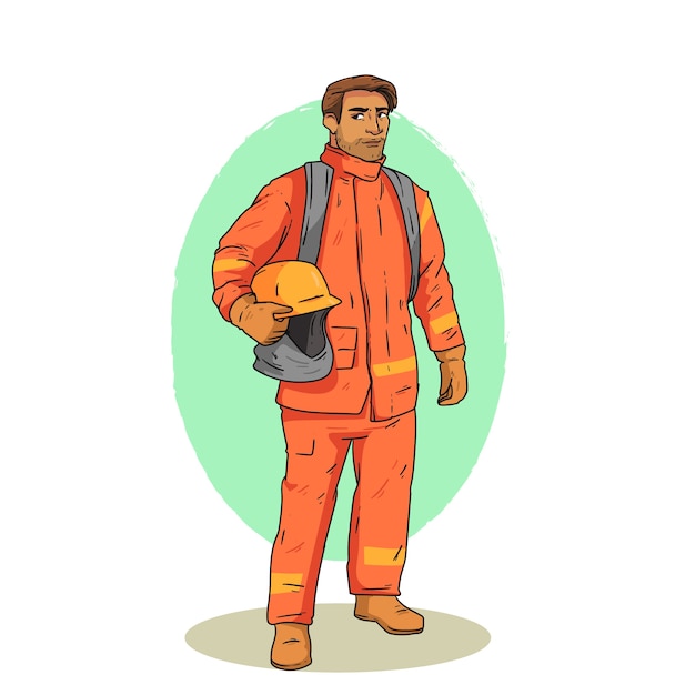 Ilustração de desenho animado de bombeiro desenhada à mão