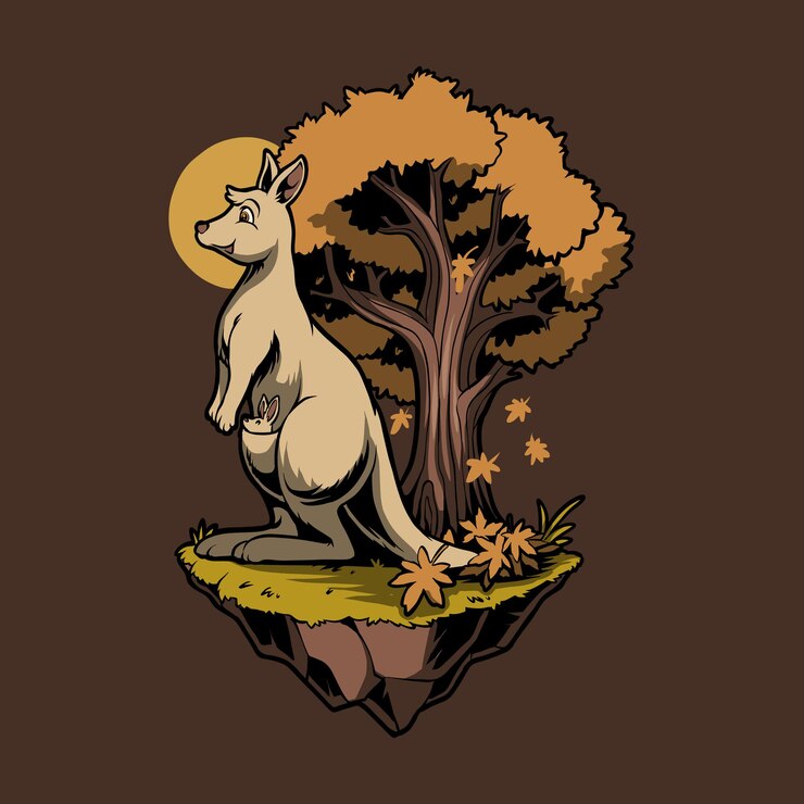 Vetor ilustração de desenho animado de canguru com árvore de outono
